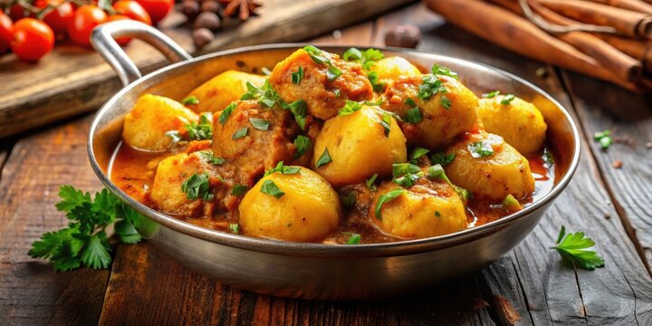 Aromatic spices and cumin add depth to a hearty Indian potato dish simmered in a rich flavorful sauce