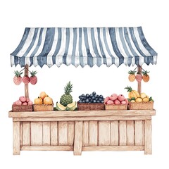 Charming Watercolor Illustration of a Wooden Fruit Stand with Striped Awning.