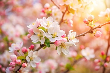 Fototapeta premium Spring flowers background in peach fuzz color. Blooming apple tree. Soft focus, springtime blossom freshness.