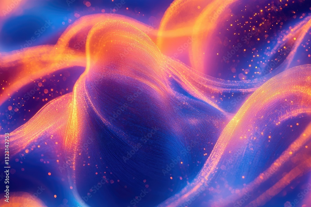 Aufkleber Abstract artwork featuring vibrant orange and blue glowing waves with sparkling particles, creating a mesmerizing and dynamic visual.