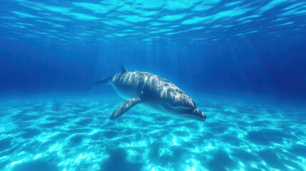 Majestic dolphin swimming gracefully in the deep blue ocean water showcasing the beauty of marine life in action