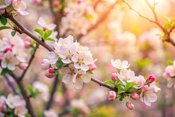 Fototapeta premium Spring flowers background in peach fuzz color. Blooming apple tree. Soft focus, springtime blossom freshness.