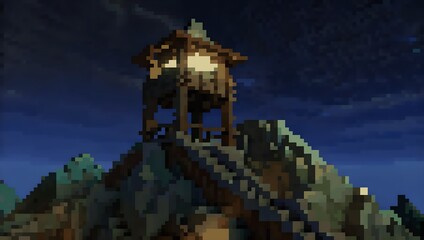 Wooden watchtower on a rocky mountain peak at night pixel art background. 8-bit game assets