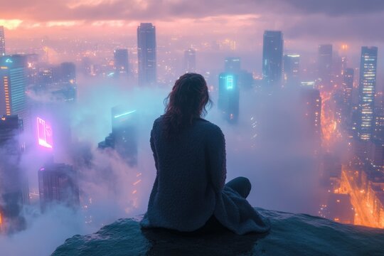 A lone figure contemplates a sprawling futuristic city shrouded in mist, a scene of serene contemplation and urban wonder.