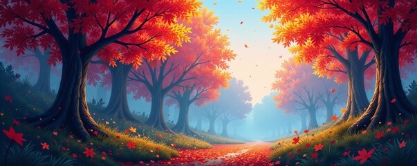 Obraz premium Vibrant anime artwork of a serene autumn forest scene with colorful leaves and foggy atmosphere, foggy, serene, leaves