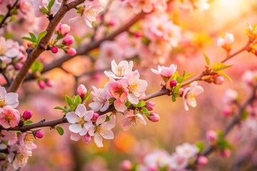 Spring flowers background in peach fuzz color. Blooming apple tree. Soft focus, springtime blossom freshness.