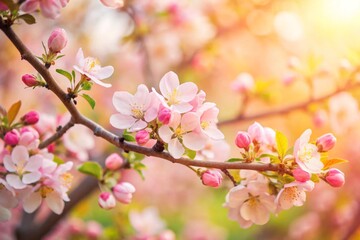 Naklejka premium Spring flowers background in peach fuzz color. Blooming apple tree. Soft focus, springtime blossom freshness.
