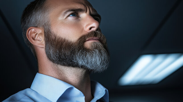 Focused business professional with beard analyzing cryptocurrency regulations for informed financial decision making