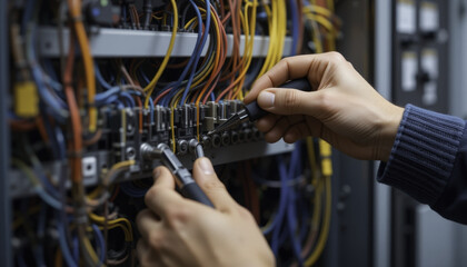 person is working on complex network server, adjusting cables and connections with tools. image captures intricate details of server wiring and focused hands of technician