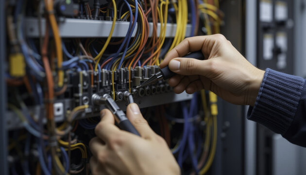 person is working on complex network server, adjusting cables and connections with tools. image captures intricate details of server wiring and focused hands of technician