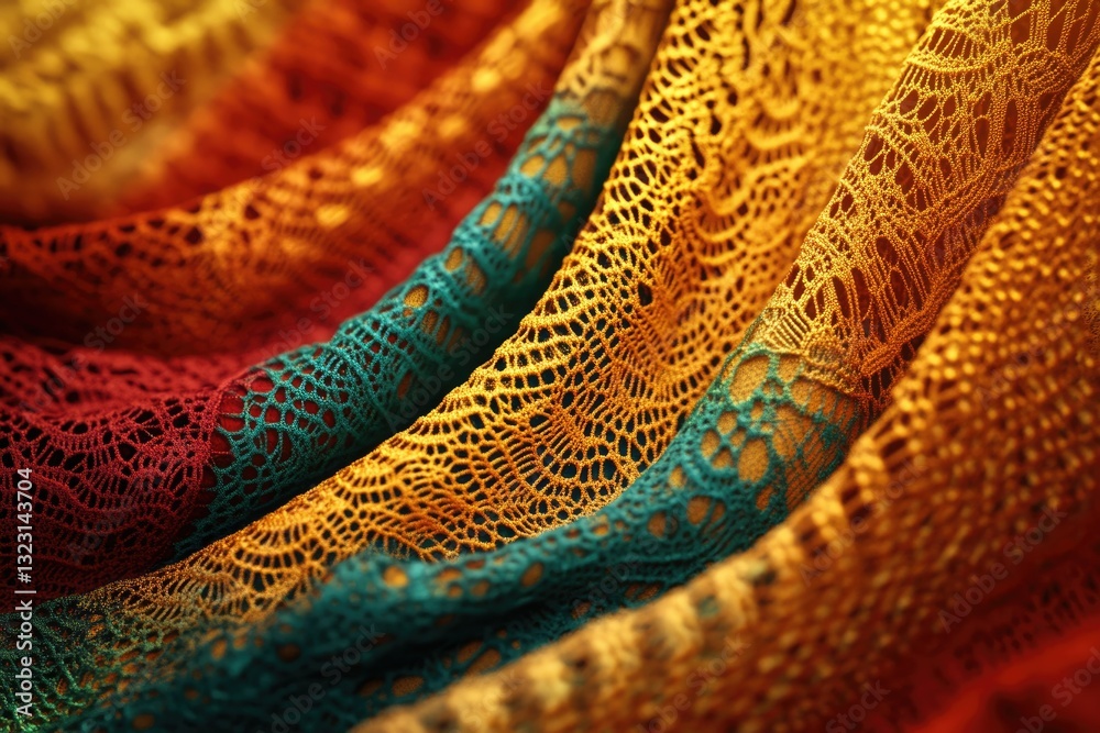 Poster close-up of multicolored lace fabric, showcasing intricate patterns and rich autumnal hues.