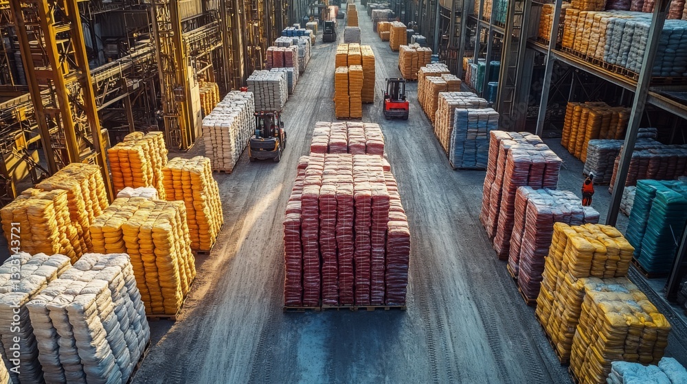 Aufkleber workers and forklifts navigate a busy petrochemical manufacturing facility filled with vibrant stack