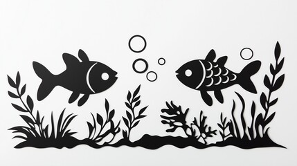 Underwater-themed metal sticker design featuring two playful fish, bubbles, and aquatic plants, crafted from precision-cut black stainless steel, minimalist and modern bathroom decor,