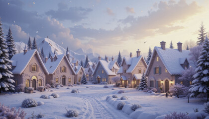 picturesque winter village scene with snow covered houses and trees under serene sky, evoking sense of tranquility and warmth