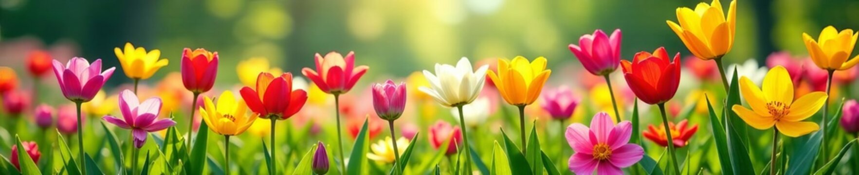 Vibrant array of spring flowers in full bloom on a sunny day, meadow, floral