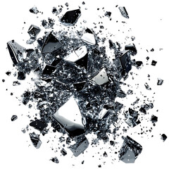 Shattered reflective glass pieces on bright white backdrop , scattered shards, shiny fragments , transparent background