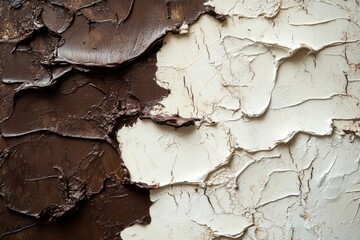 Obraz premium Close-up of textured brown and white paint. Ideal for backgrounds, art, and design projects showcasing contrast and texture.