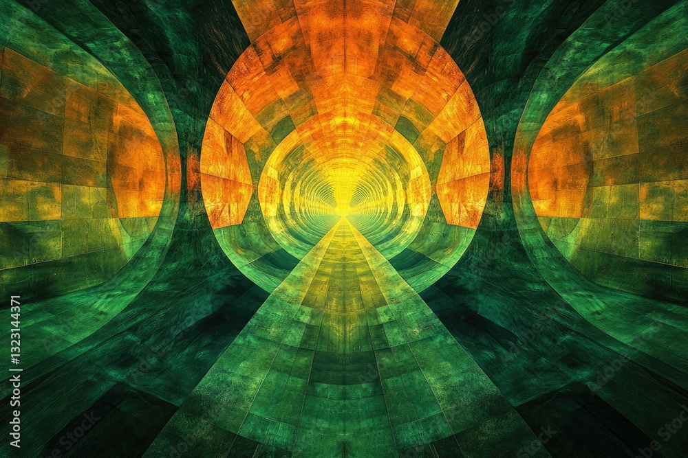 Aufkleber Abstract fractal art depicting a glowing tunnel with green and orange geometric patterns, creating a mesmerizing visual experience.