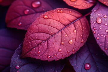 Fototapeta premium Magenta leaves glisten with dew drops showcasing nature's artistry and a soothing tranquil scene