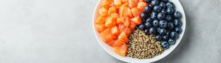 Colorful raw diet plate for dogs with salmon, blueberries, and quinoa