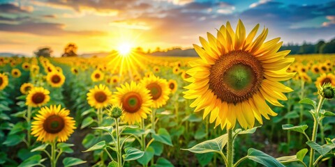 Vibrant yellow sunflowers stand tall amidst a sea of green grass, with warm sunlight casting long rays across the landscape, outdoor scene, sunflowers