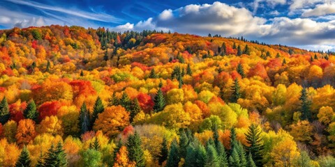 A dense forest covered in vibrant autumn colors with golden and orange hues against a blue sky , Landscape, Nature,  Landscape