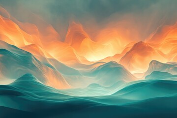 Abstract landscape of teal and orange mountains, depicting a serene and dreamy atmosphere.