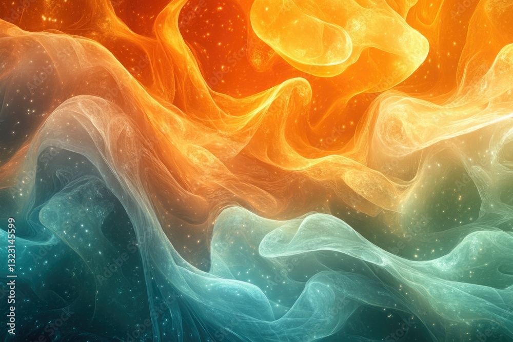 Poster abstract art depicting swirling, translucent teal and orange nebulae with embedded sparkles.