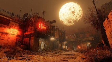 Obraz premium An abandoned industrial building overrun with alien flora, glowing with red lights, standing in the barren desert of an alien planet, a huge moon casts long shadows on all this.
