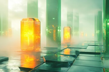 Glowing orange crystals stand in a futuristic, misty green city, reflecting light on wet tiles.