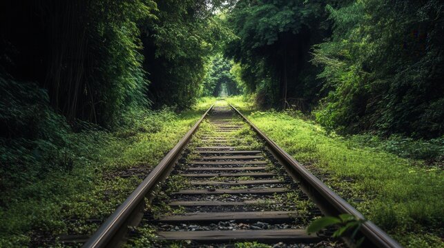 Serene Overgrown Railway Tracks Surrounded by Lush Greenery in a Tranquil Natural Setting