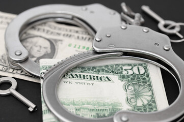 Oszustwo finansowe podatkowe, kajdanki na dolarach z bliska  © Paweł Kacperek