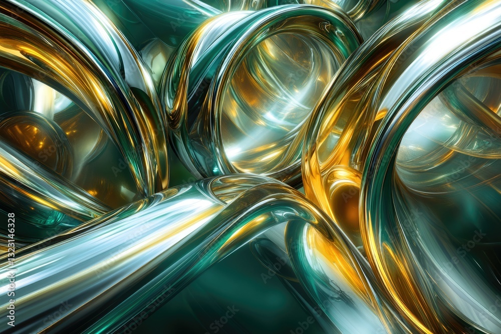 Aufkleber Abstract 3D rendering of swirling, metallic tubes in gold and teal, creating a visually stunning and complex interplay of light and shadow.