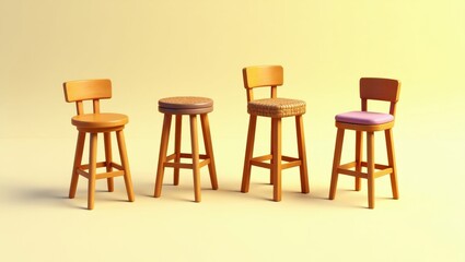 Four Stylish Wooden Bar Stools with Varied Seating Options for Home or Cafe