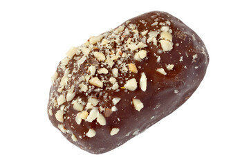 Chocolate candy with nuts isolated on white background. One sweet candy close-up.