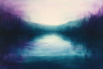 Fototapeta premium Serene landscape painting depicting a tranquil lake surrounded by misty purple and teal forests under a soft light.