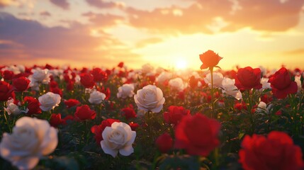 Obraz premium Beautiful Sunrise Over a Field of Colorful Roses in Bloom with Vibrant Red and White Petals Illuminated by Soft Golden Light