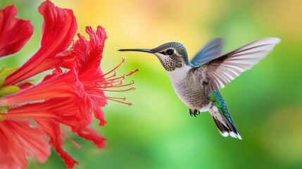 A tiny hummingbird hovers near a bright red flowering plant