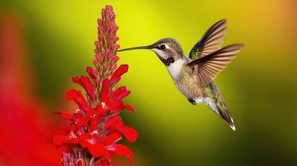 Fototapeta premium A hummingbird is approaching a vibrant red flower for sustenance