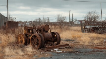 Rusty Abandoned Tractor in Overgrown Field with Cloudy Sky and Derelict Background