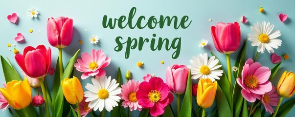 Vibrant bouquet of tulips, daisies, and roses with "Welcome Spring" message, bouquet, daisies