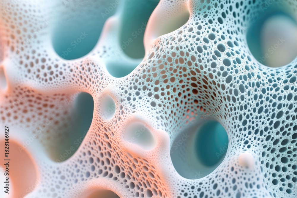 Aufkleber Abstract 3D render of a porous, organic-looking structure with interconnected cavities and a teal-peach color scheme.