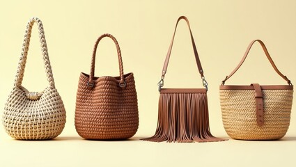 Fototapeta premium Stylish Woven Leather Summer Handbags Collection Beige Brown Straw Bags