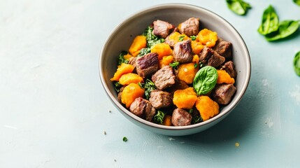 Fototapeta premium Freeze-dried raw dog food mix with bison, pumpkin, and spinach
