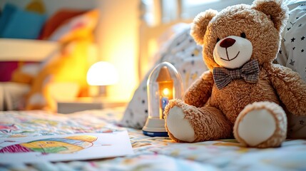 A cute teddy bear sits on a cozy bed at nighttime