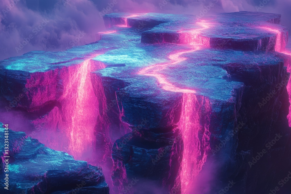 Poster neon pink lava flows over a vibrant blue cliffside, creating a surreal and otherworldly landscape.