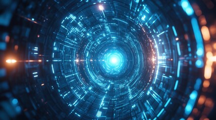 Futuristic Abstract Tunnel with Glowing Light Effects and Circular Patterns for Digital Design and Technology Themes