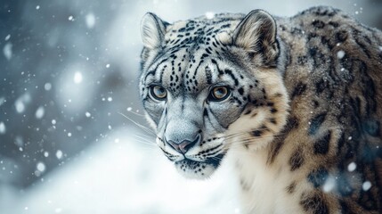 Obraz premium A close portrait showcases a beautiful snow leopard in the snow