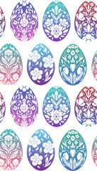 Vector seamless pattern with gradient Easter egg in folk art style on white background. Texture with tracery decorative holiday eggs. Spring floral background for wallpaper and fabric