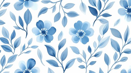 Blue Floral Watercolor Pattern on White Background